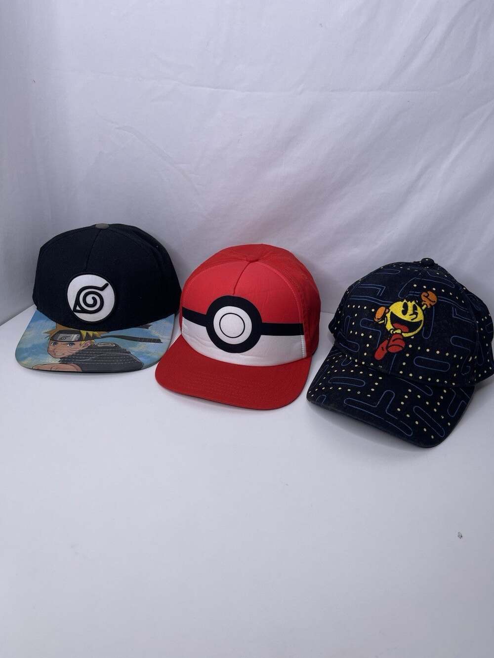 Lot of 3 Gaming Anime Snapback Hats Pokemon Poke Ball Naruto Pac-Man Graphic
